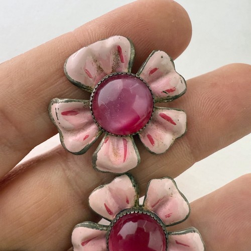 Pendientes Vintage Rosa Esmalte Plata Esterlina Flor Lucita Tornillo Trasero - Imagen 4 de 6