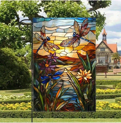 Dragonfly & Floral Garden Flag 12x18in,Linen Blend-Stained Glass Look-Great Gift - Bild 2 von 9