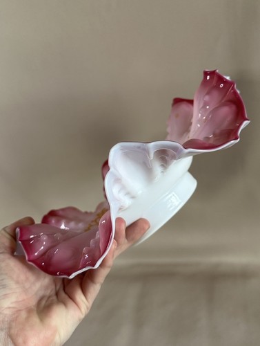 Antique Victorian Pink Cased Glass Bride’s Bowl 11” Crimped Gold Enamel - Picture 9 of 13