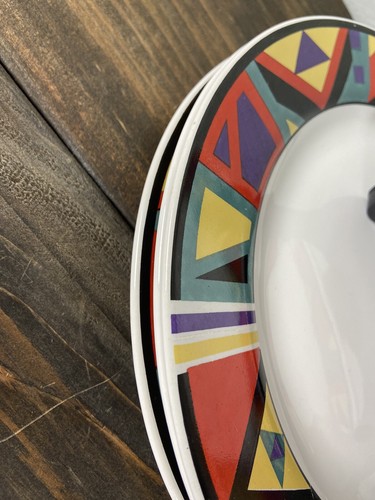 Geometric Stoneware Dinner Plates 80s Retro Red Yellow Set Of 4 - Picture 4 of 9