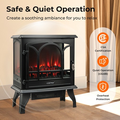23" Freestanding Electric Fireplace Heater Stove W/ Realistic Flame Effect 1400W - Picture 8 of 12