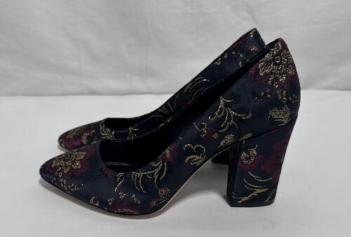 Antonio Melani Heels 8M Pumps Shoes Leather Floral Block Heel Navy Red Gold - Picture 4 of 11