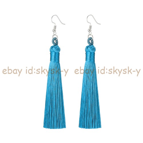 Women's Multicolor Long Tassel Silk Fabric Dangle Jewelry Silver Hook Earrings - Picture 8 of 37