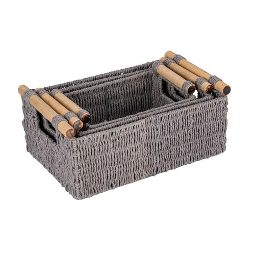 Decorative Woven Baskets Set of 3 Paper Rope Gray: Rectangle Storage,14.5x 9.5x6
