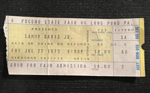SAMMY DAVIS Jr. Pocono State Fair July 27, 1973 Ticket
