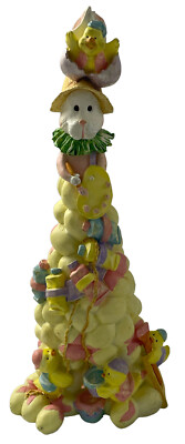 Easter Bunny  Rabbit  Chicks Painting Eggs on Egg Tower Figure Pastel Figurine