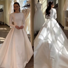 Elegant Satin Wedding Dresses Long Sleeves Scoop Neck Sweep Train Bridal Gowns