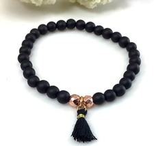 Black Onyx matte beaded stretch boho bracelet with tassel pendant women 6mm bead
