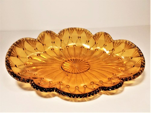 RARE Amber Antique EAPG Greentown Glass CORD DRAPERY 9.25" Pickle Dish - Picture 1 of 3
