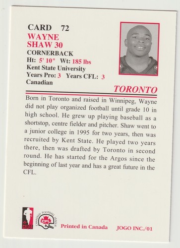 2001 Jogo CFL Wayne Shaw Card #72 Toronto Argonauts Kent State - Picture 2 of 2