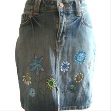 Upcycled & Hand-Painted Funky Floral Vintage Riders Copper Jean Skirt Size 5/6