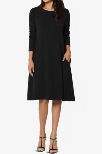 Camiseta Vestido TheMogan Para Mujer Mangas Largas Cuello Bolsillo Línea A Swing Midi - Imagen 26 de 128