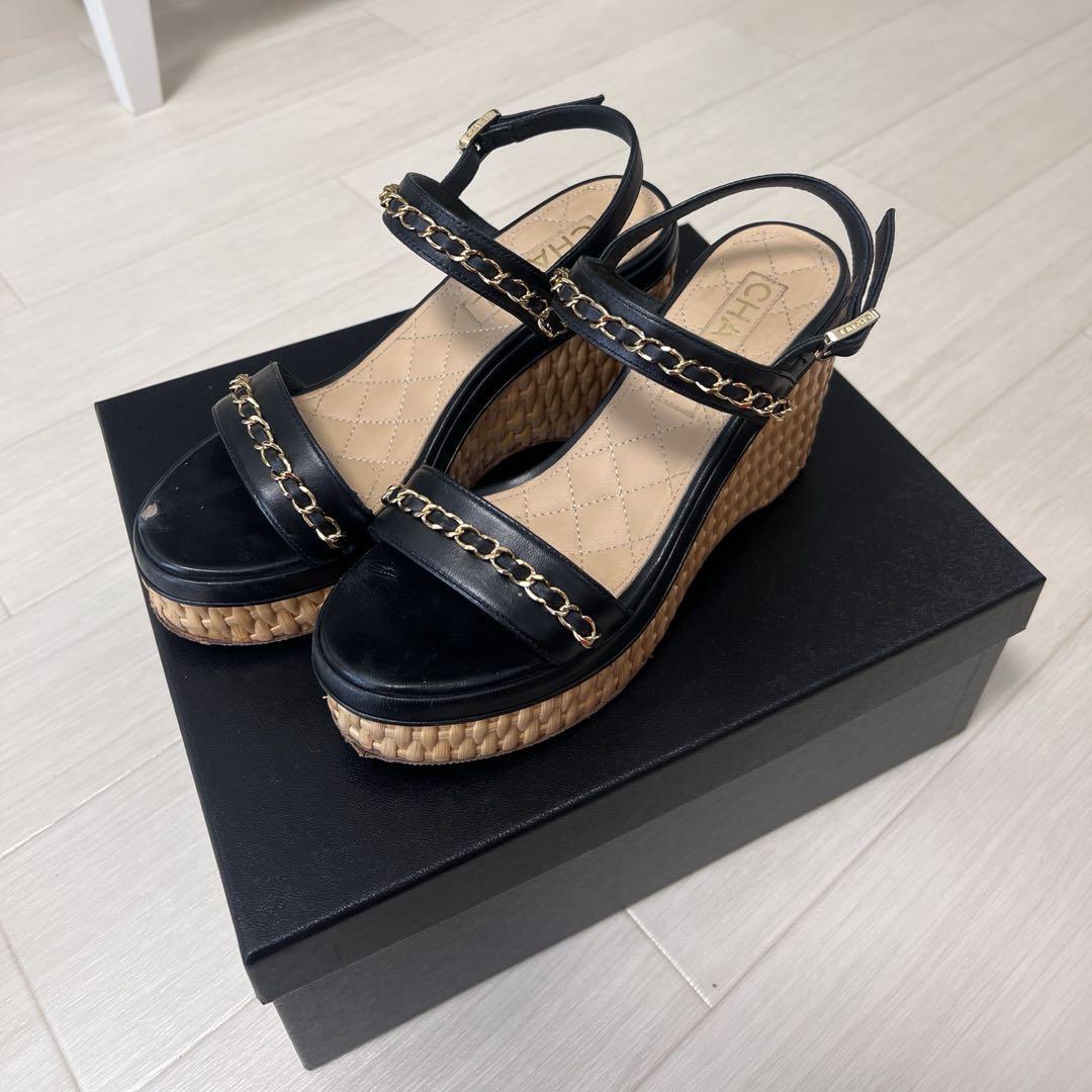CHANEL Wedge Sole Sandals Black Strap Gold Hardware Size 37 CHANEL Wedge Sole Sandals Black Strap Gold Hardware Size 37