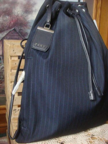 NWT~ DKNY NAVY BLUE PINSTRIPE & LEATHER DRAWSTRING SLIM BACKPACK~ $195 - Picture 3 of 9