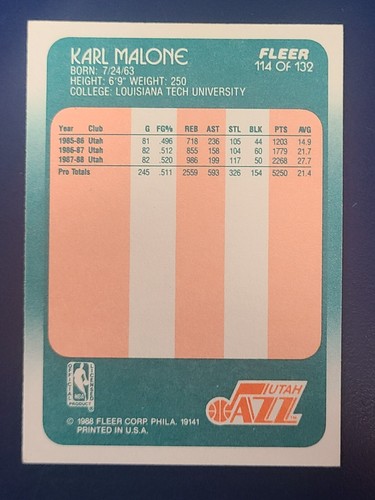 Tarjetas de baloncesto Fleer 1988-89 #114 Karl Malone Utah Jazz - Imagen 2 de 2