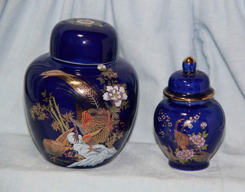 Vintage Cobalt Blue GINGER JAR Pair - Birds & Floral Pattern - NICE! - Bild 1 von 7