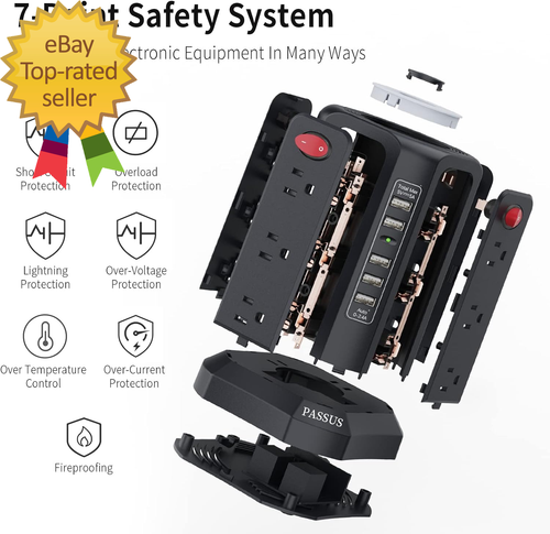 Surge Protector Power Strip Tower with 5 USB Ports and Night Light,10Ft Extensio - 第 4/6 張圖片
