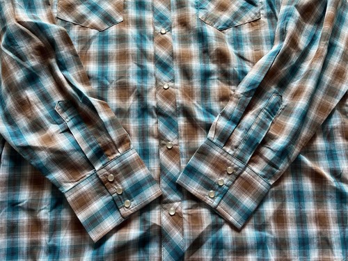 Wrangler Wrancher Long Sleeve Pearl Snap Button Shirt - Green/Brown/White - XL - Picture 2 of 5