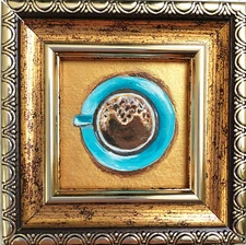 Coffee oil Painting gold original art framed morning coffee painting original