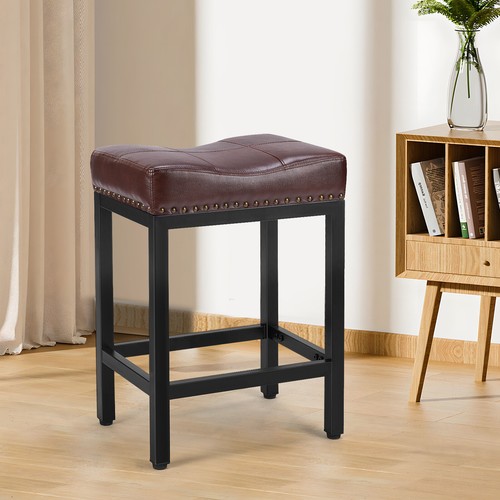 2pc Bar Stools Counter Height 24in Saddle Stools Metal Base & Footrest Kitchen - Picture 6 of 28