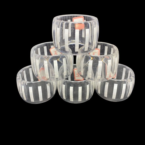 Vintage AUDREY Set of 6 Napkin Holder Rings Round Clear White Striped MCM - Picture 1 of 8