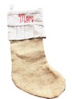 Christmas MOM 20" Stocking Ruffled Design Jute Burlap Brown Fireplace Embroider
