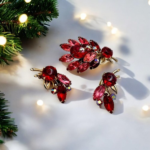 Orecchini Vintage Rosso Rosa AB Strass Parure Spilla Clip Tono Oro Amore Non Firmato - Foto 2 di 11