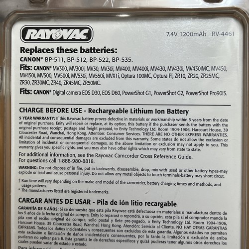 NEW Rayovac Camcorder Battery #RV-4461 7.4V/1200mAh Canon Mini DV Replacement - Picture 5 of 8