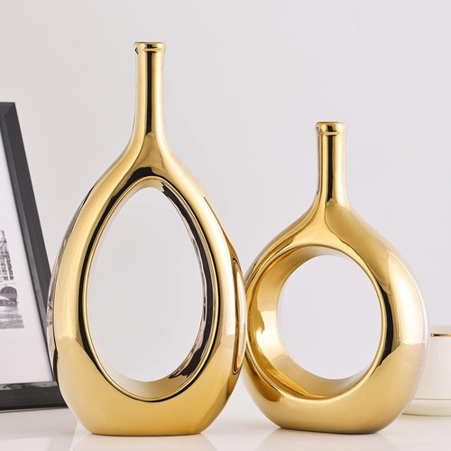 Gold Vase Glossy Ceramic Set of 2 Home Office Decoration Flowers Christmas Gift - Picture 7 of 7