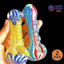 2 PIECE 5" Thick Heavy Color Burst Tobacco Glass Hand Pipe Glass includes screen