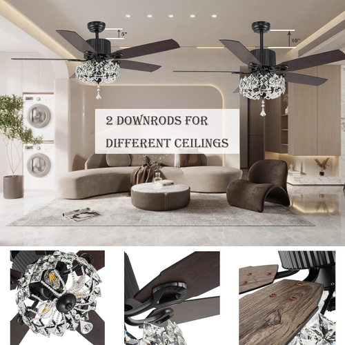 52" Crystal Ceiling Fans with Lights Remote, Black Farmhouse Chandelier Ceiling - Picture 5 of 9