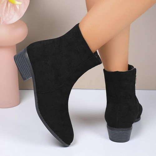 Fashion Womens Side Zipper Booties Chunky Low Heels Faux Suede Ankle Boots Shoes - Picture 12 of 15