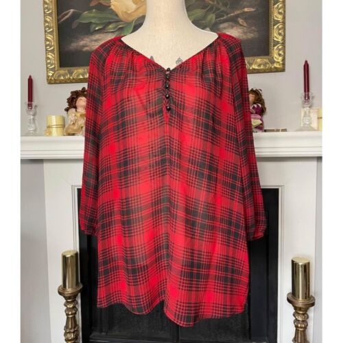 Ralph Lauren Chaps Denim karierte durchsichtige Damenbluse Größe Large rot schwarz