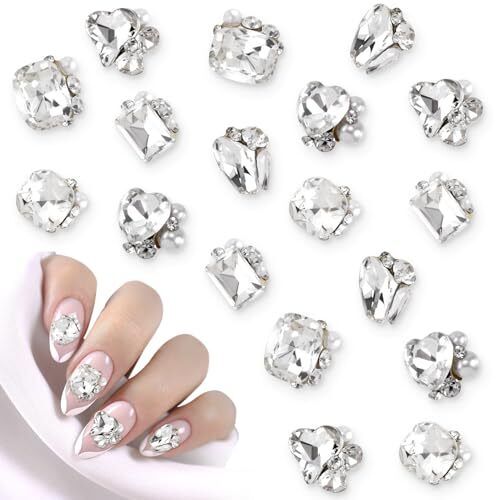 18Pcs Rhinestones Nail Charms Luxury 3D Shiny Heart Nail Gems with Pearl White - Foto 1 di 6