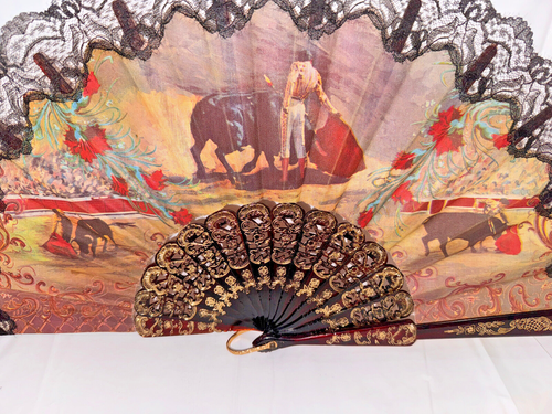 Vintage Sevilla Spanish Folding Hand Fan Lace Bullfight Matador Bullfighting - Picture 2 of 7