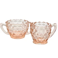 Jeanette Pink Depression Glass Creamer Sugar Set Vintage Cube Tea Room Decor