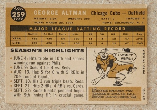 1960 Topps George Altman #259 autografiado - Imagen 2 de 2