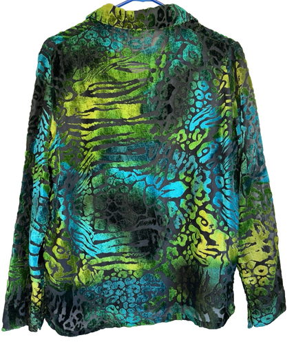 Velvet Burnout Button Up Blouse Women's Size M Black Green Sheer Artsy Jungle - Picture 2 of 7