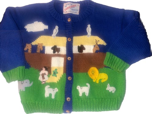 Vintage Cotton Salsa Kids Cardigan Sweater 3D Colorful Noah’s Ark church Easter - Picture 10 of 15