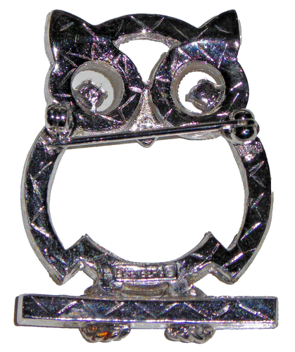 Vintage Eisenberg Owl Pin Silver Tone Metal White & Red Rhinestones - Picture 2 of 3