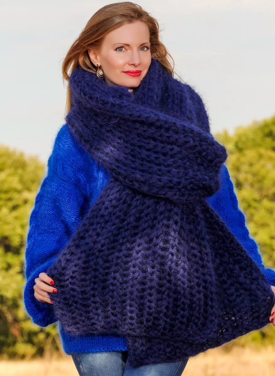 Thick blue fuzzy mohair scarf extra long shawl handknit neck warmer SUPERTANYA