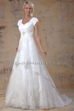 Modest Ivory A-Line Organza Lace Short Sleeves Corset Back Wedding Gown Size 8