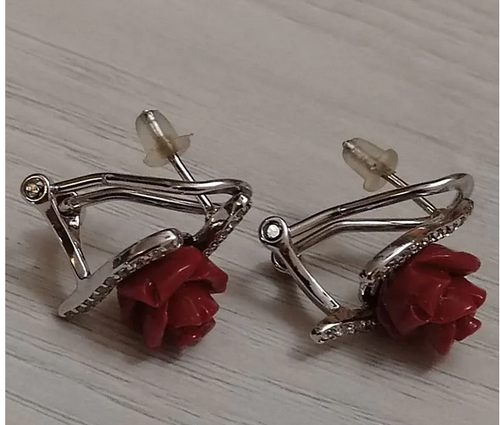 Silver 925 New Earrings Red Roses Beauty Fianiths Gleymo-Proba Stamp Grosslud - Picture 4 of 9
