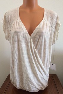 Womens-M-CALVIN-KLEIN-CK-Beige-Silver-Short-Sleeve-V-Neck-Wrap-Front-Top-Shirt