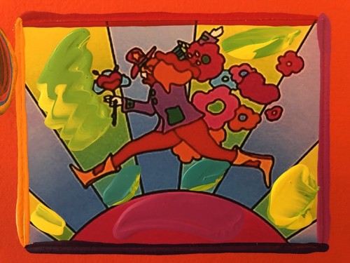 Peter Max, "FLOWER JUMPER OVER SUNRISE" Mixed Media Signed Overpaint Painting  - Picture 10 of 12