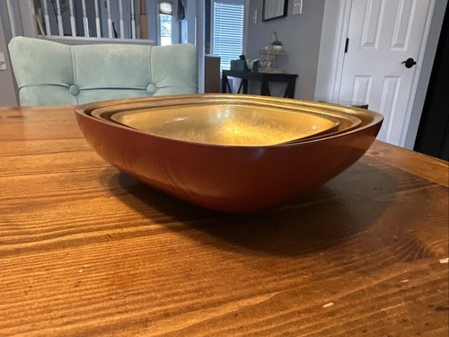 Juego de 3 cuencos anidadores vintage de laca hoja de oro dorado/rojo quemado hechos en Japón - Imagen 6 de 7