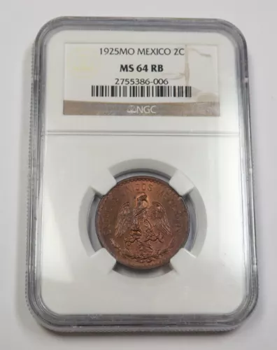 1925-Mo NGC MS64 RB | MEXICO - Toned Dos Centavos Two Cent 2C Coin #35691A