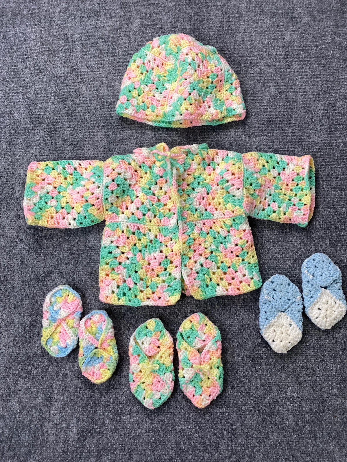 Handmade Crochet Baby Layette NB 5 Set Multicolor Pastel Boho Cottagecore Fairy