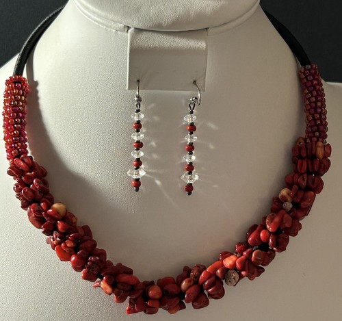 Natural Red Coral Chip Irregular Freeform Gems Beads Necklace& Earrings (70.09g) - Picture 8 of 12