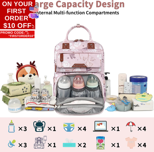 Diaper Bag Backpack for Baby Girl, Multifunction Waterproof Diaper Bag for Mom D - Picture 3 of 12
